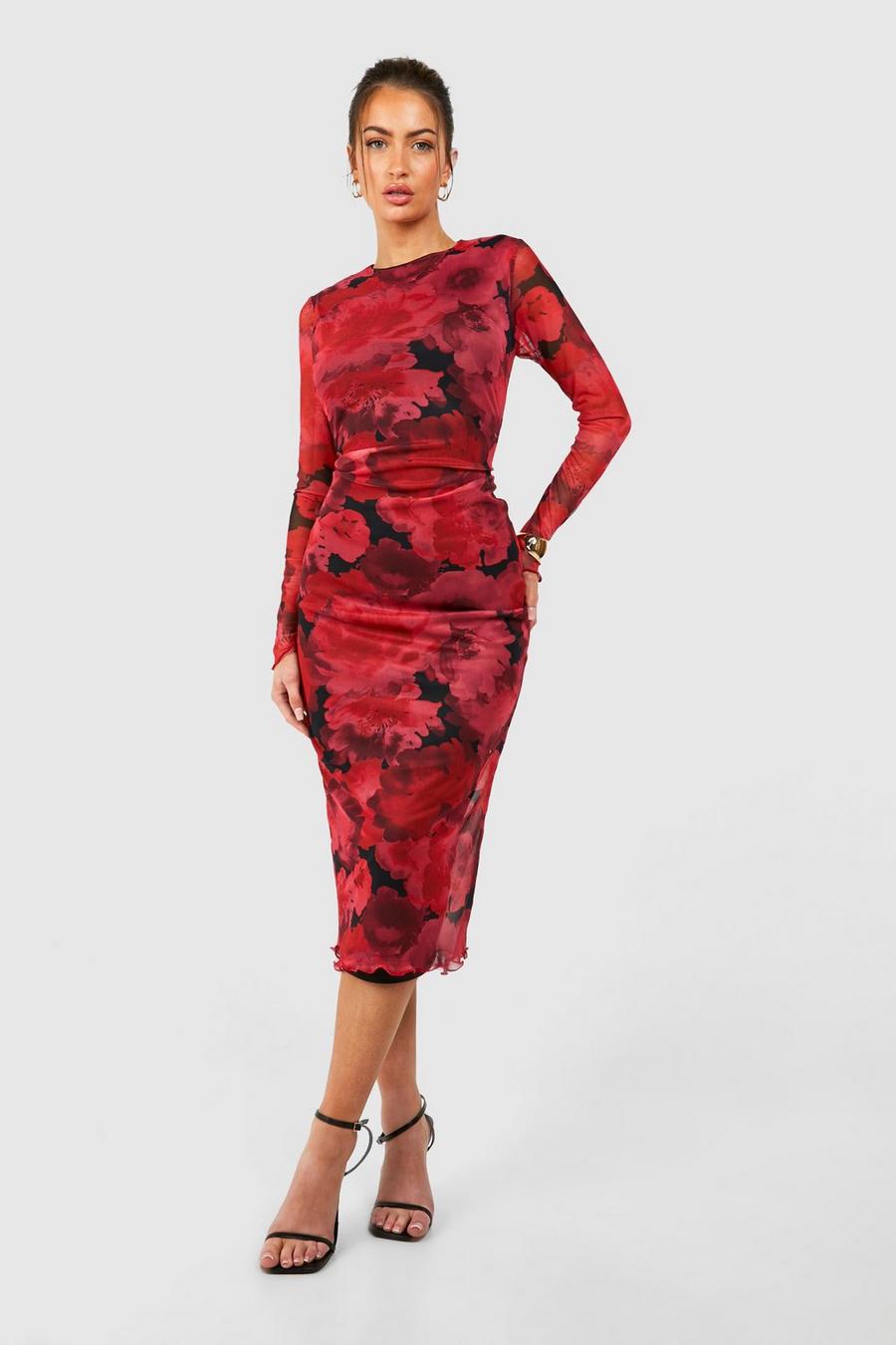 Red Floral Printed Mesh Long Sleeve Midaxi Dress