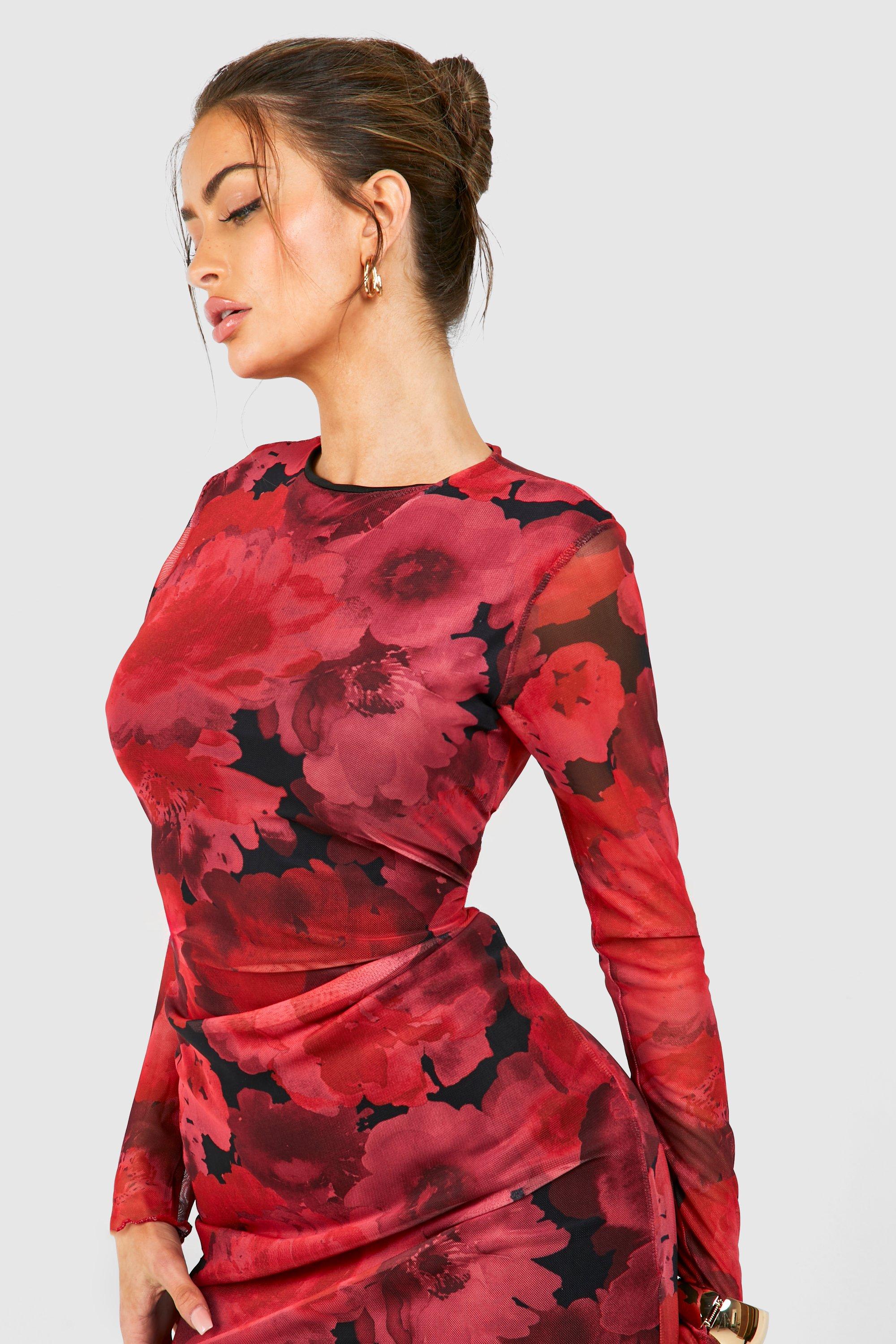 Floral Printed Mesh Long Sleeve Midi Dress | boohoo USA