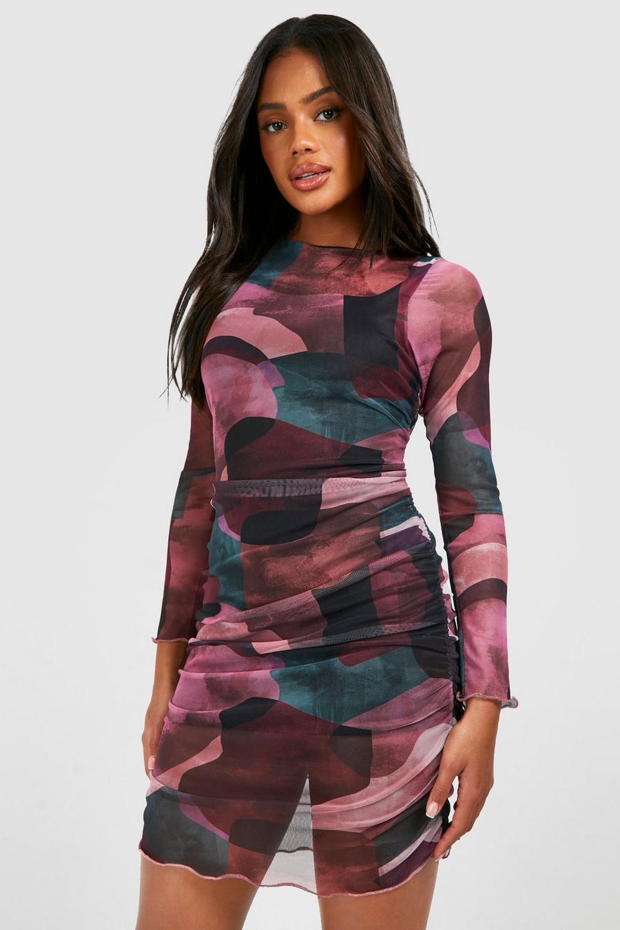 Purple Blurred Geo Printed Ruched Mesh Mini Dress