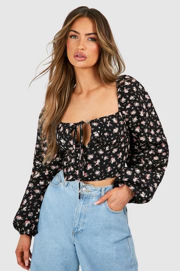 Floral Tie Balloon Sleeve Top black