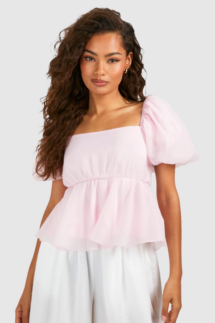 Pink Puff Sleeve Textured Smock Top image number 1