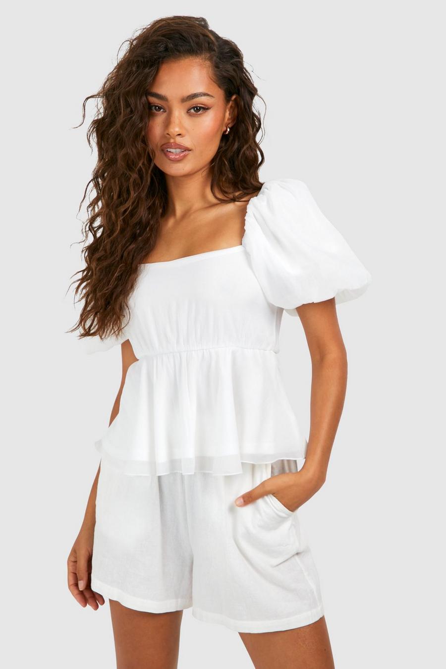 White Puff Sleeve Textured Smock Top image number 1