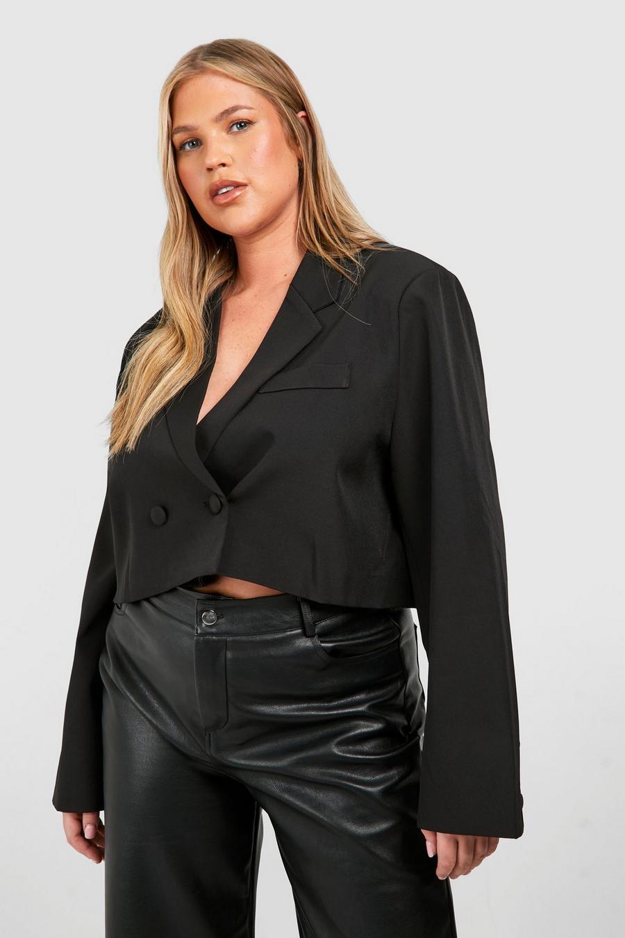 Black Plus Double Breasted Boxy Crop Blazer image number 1