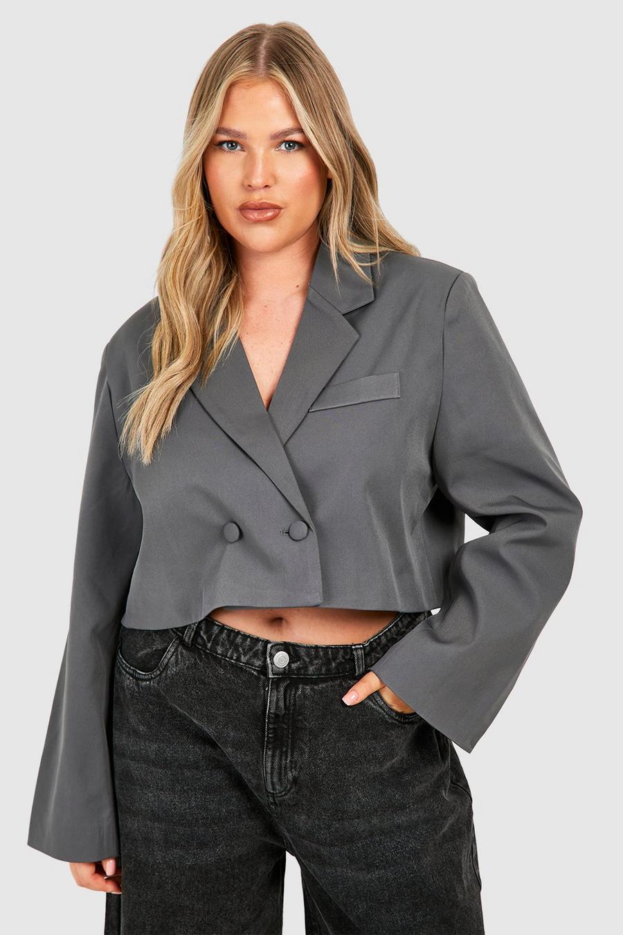 Charcoal grey Plus Double Breasted Boxy Crop Blazer