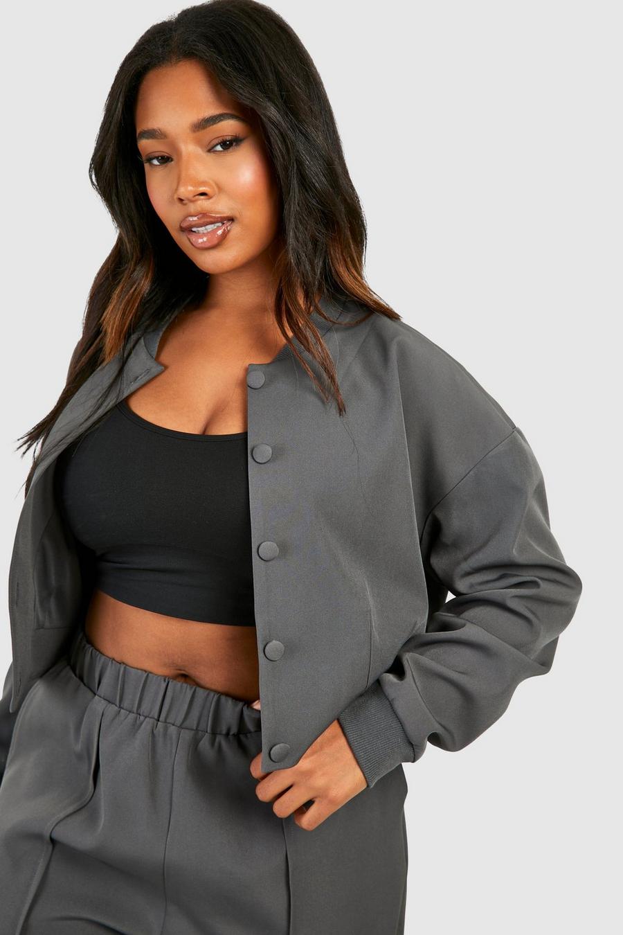 Charcoal grey Plus Tailored Relaxed Fit Popper Bomber Jacket