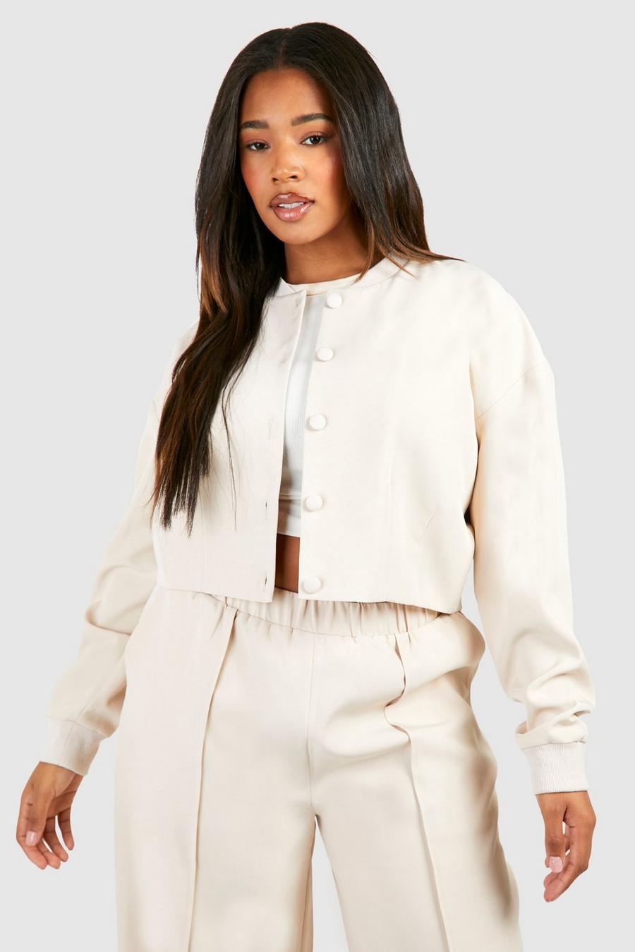 Ecru white Plus Tailored Relaxed Fit Popper Bomber Jacket