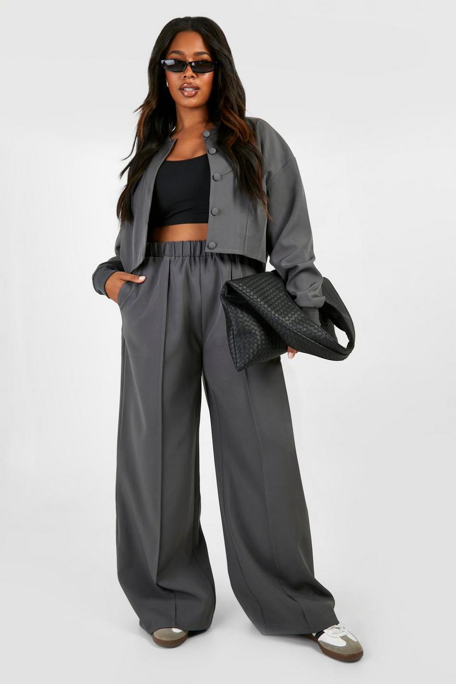 Charcoal Plus Tailored Seam Front Slouchy Wide Leg Trousers image number 1
