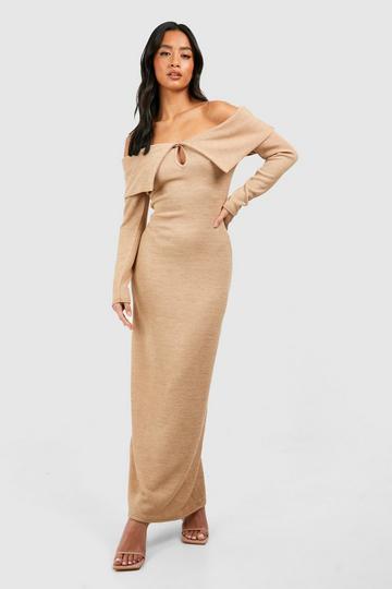 Petite Knitted Off The Shoulder Keyhole Maxi Dress camel