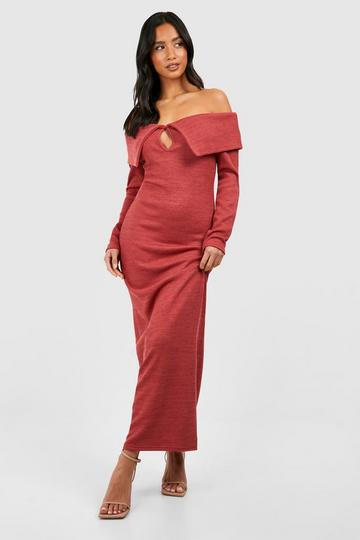 Rose Pink Petite Knitted Off The Shoulder Keyhole Maxi Dress