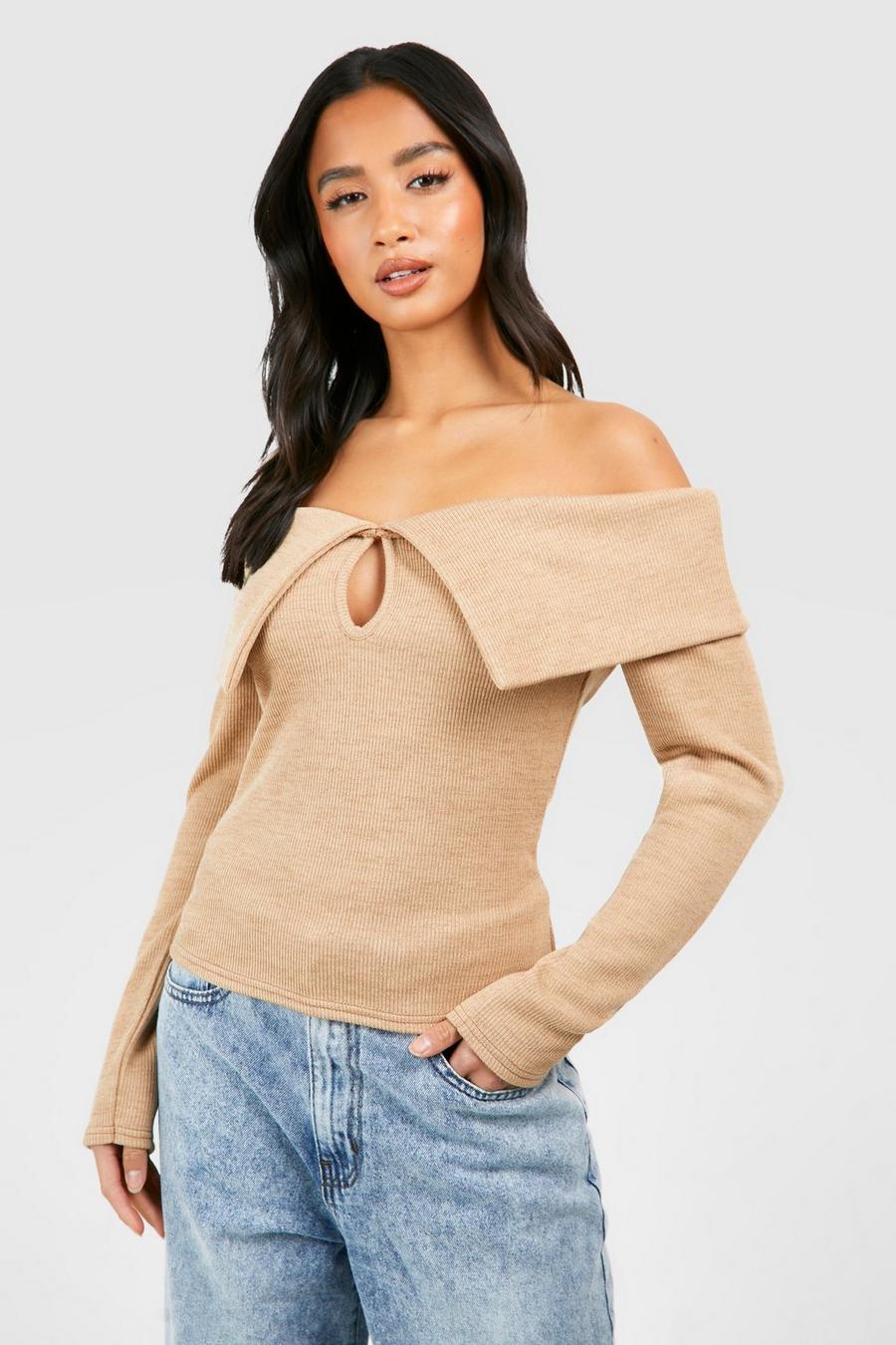 Camel Petite Knitted Off The Shoulder Keyhole Top