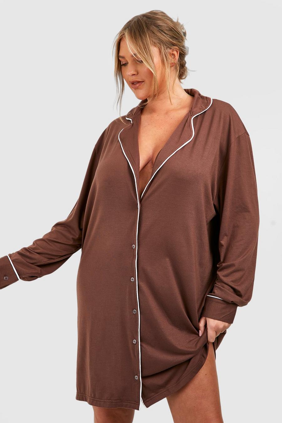 Grande taille - Robe chemise de nuit boutonnée, Chocolate image number 1