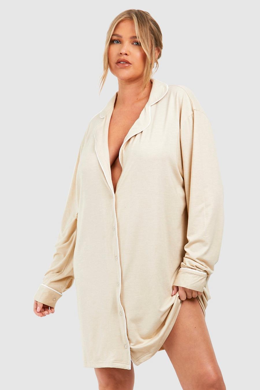 Grande taille - Robe chemise de nuit boutonnée, Stone image number 1