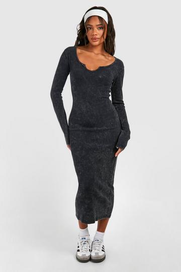 Acid Wash Notch Neck Long Sleeve Bodycon Midi Dress black