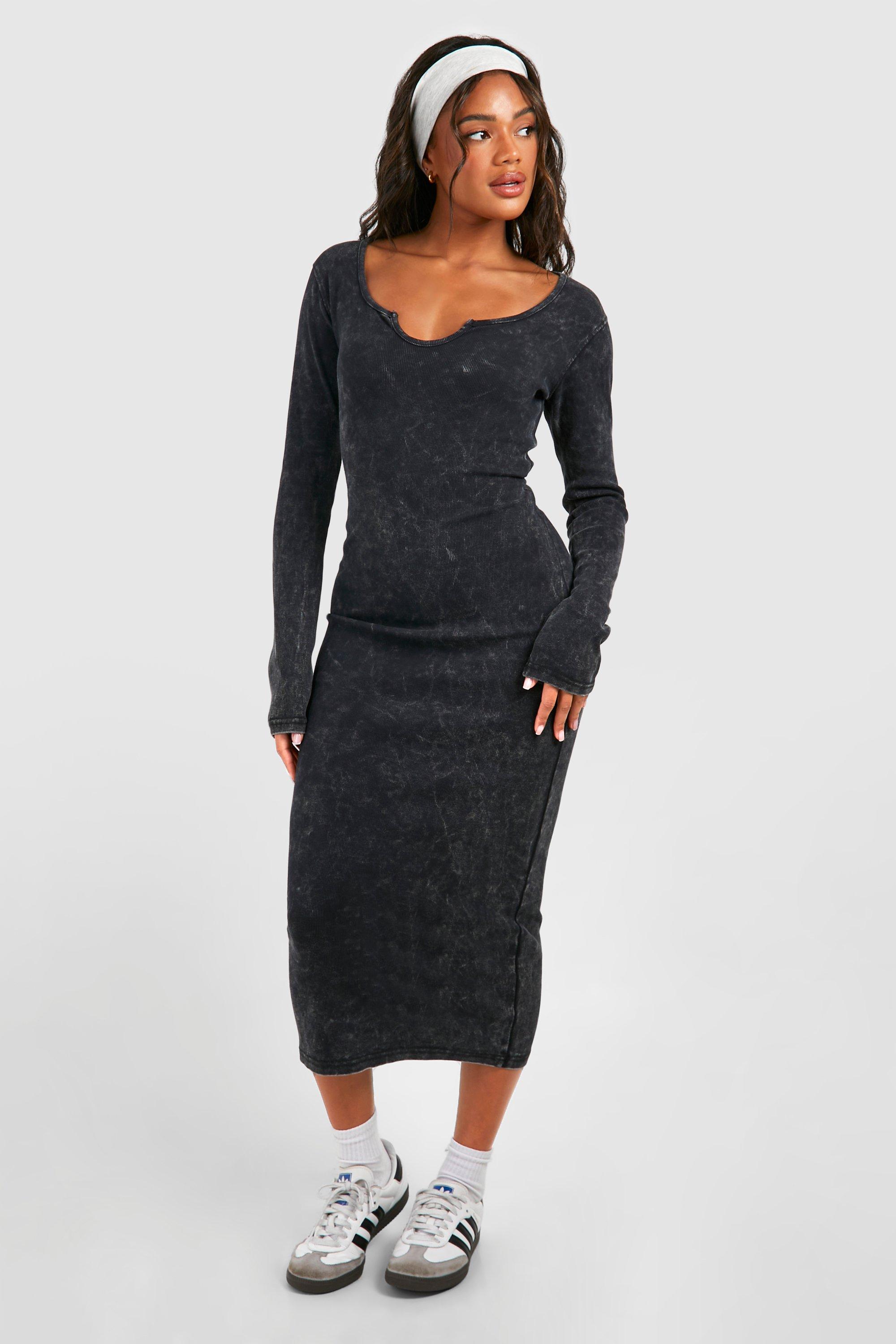 Acid Wash Notch Neck Long Sleeve Bodycon Midaxi Dress | boohoo