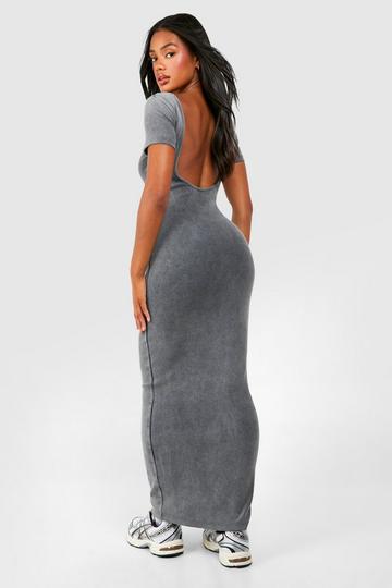 Acid Wash Cap Sleeve Low Back Bodycon Maxi Dress charcoal