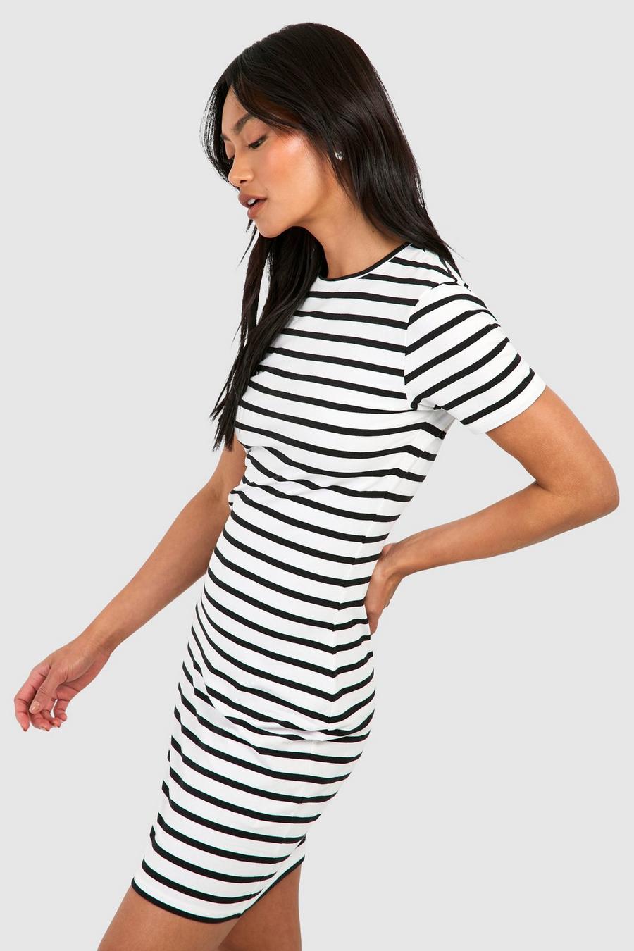 White Premium Super Soft Short Sleeve Stripe Bodycon Mini Dress image number 1
