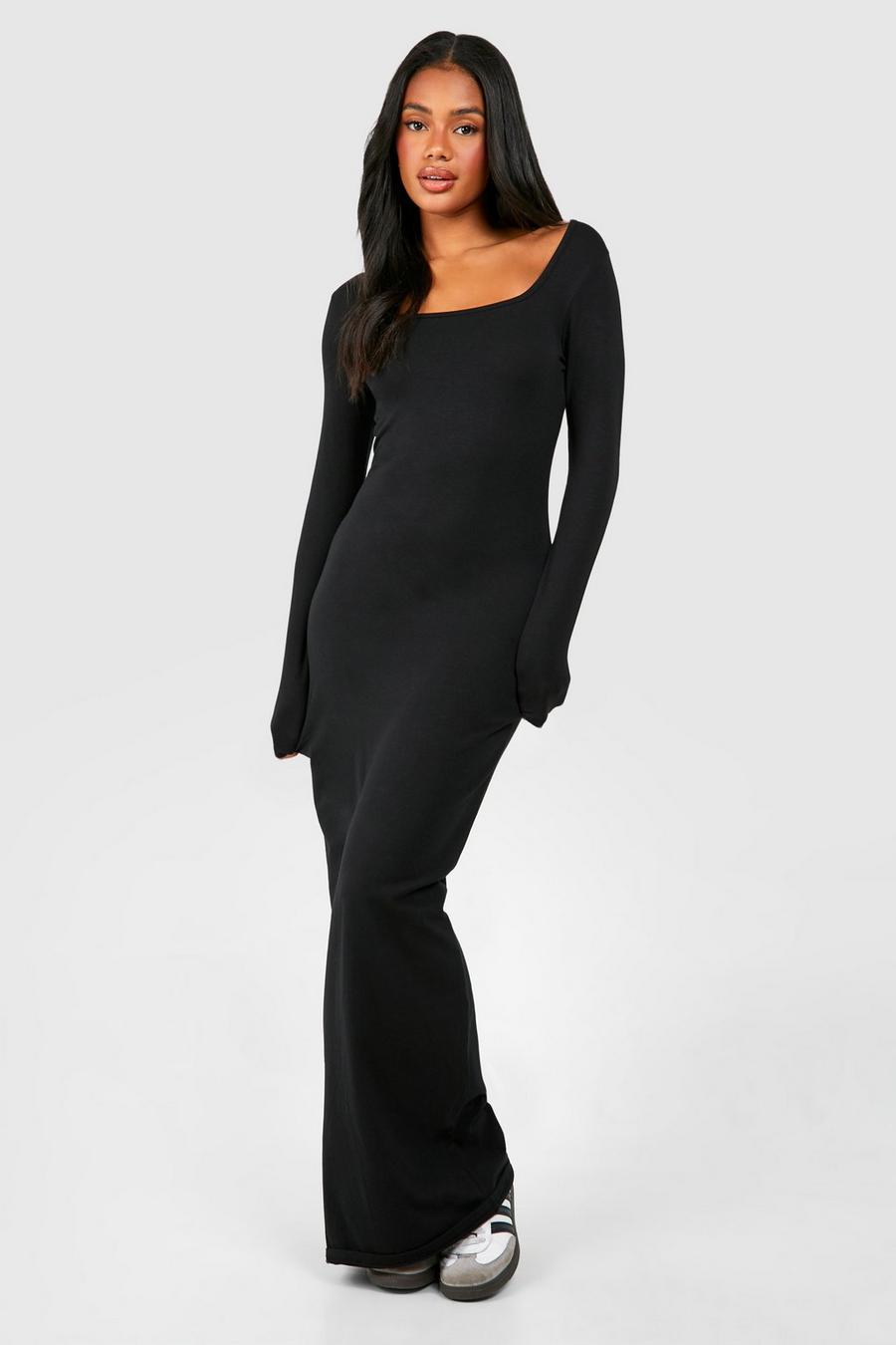 Vestido maxi Premium súper suave ajustado con escote cuadrado, Black