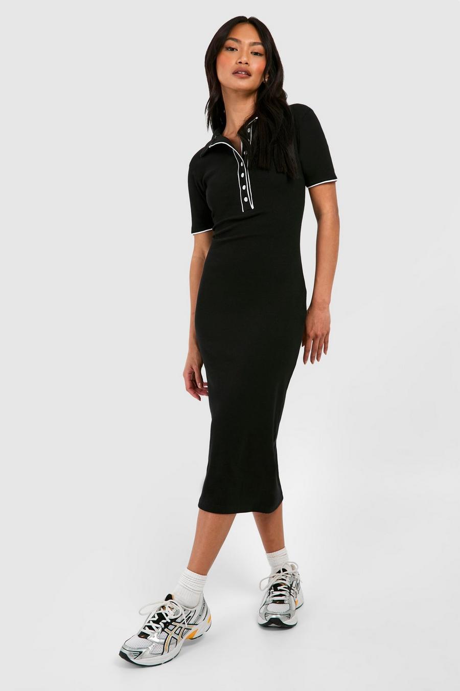 Black Contrast Rib Button Down Collared Midi Dress