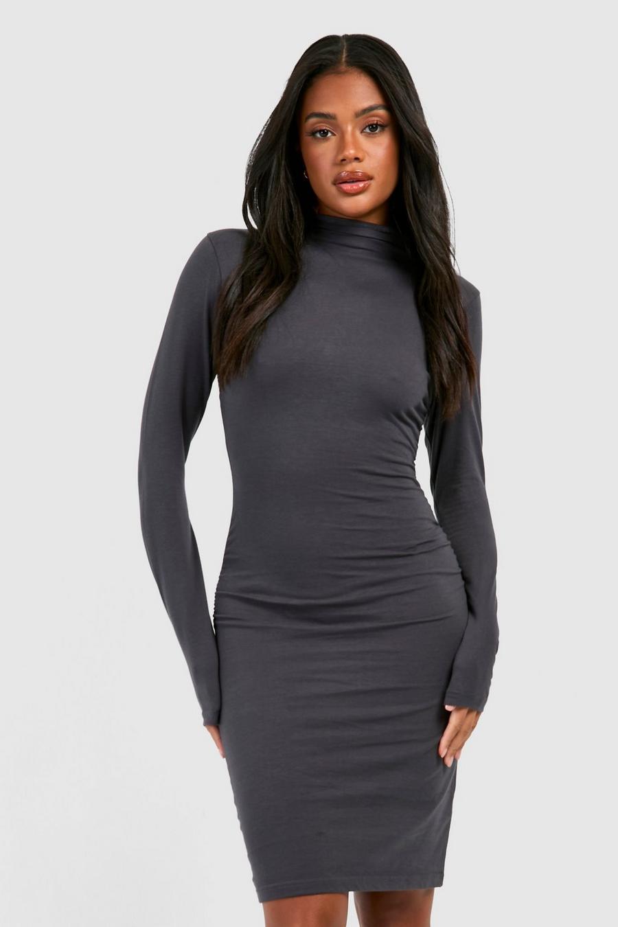 Charcoal High Neck Ruched Long Sleeve Mini Dress image number 1