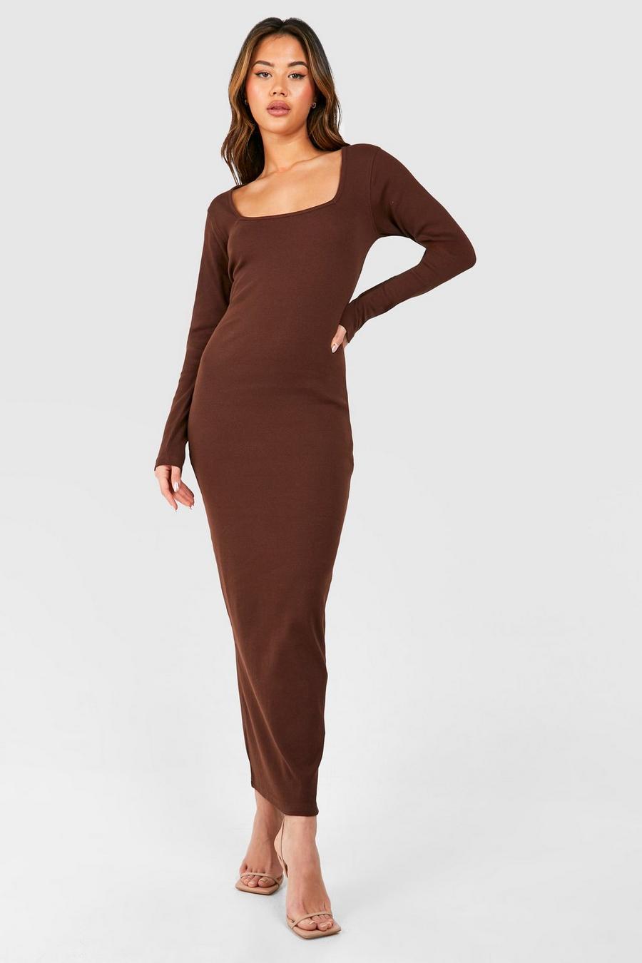 Chocolate Square Neck Long Sleeve Maxi Dress image number 1