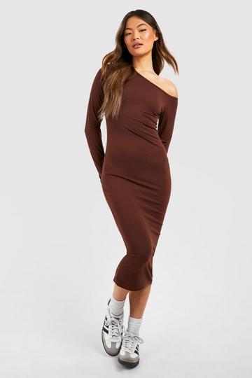 Chocolate Brown Assymetric Long Sleeve Midi Dress