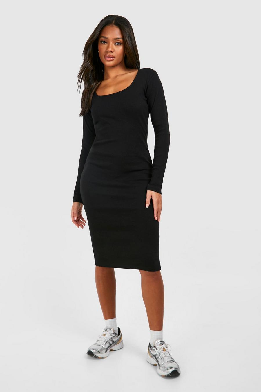 Black Square Neck Long Sleeve Midi Dress  image number 1