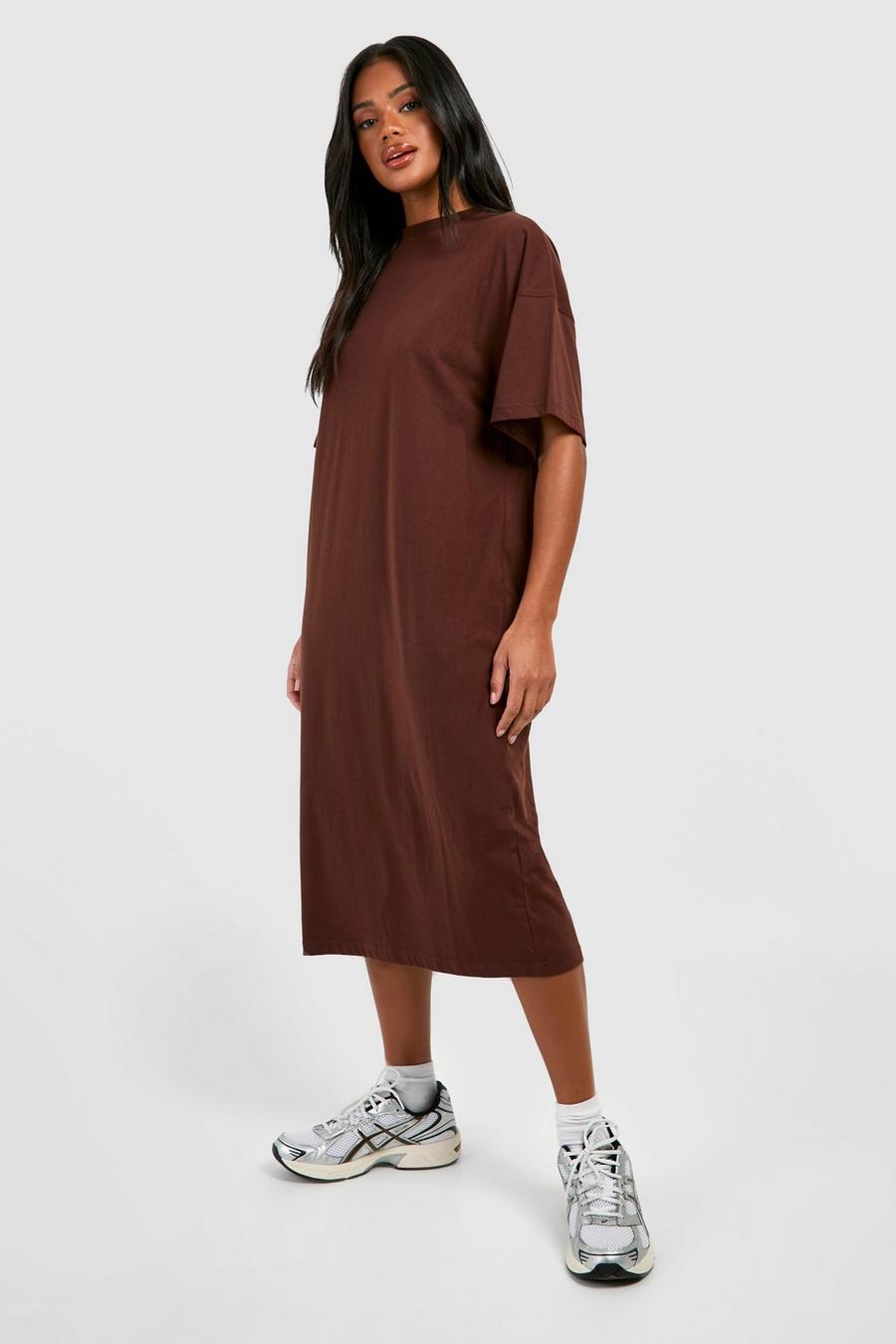 Vestito T-shirt midi super oversize in cotone, Chocolate