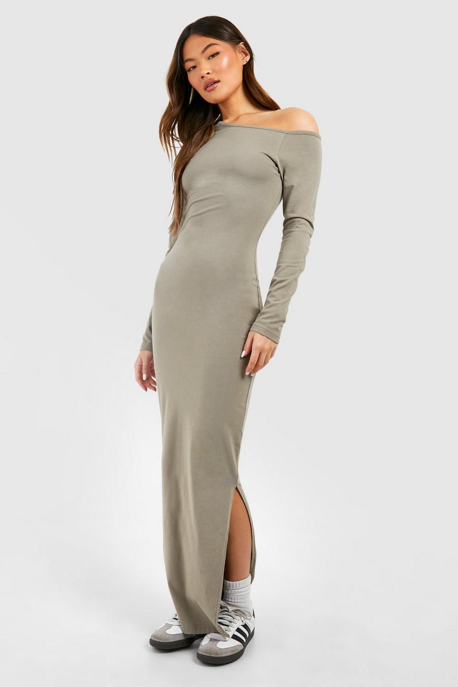 Khaki Assymetric Long Sleeve Maxi Dress image number 1