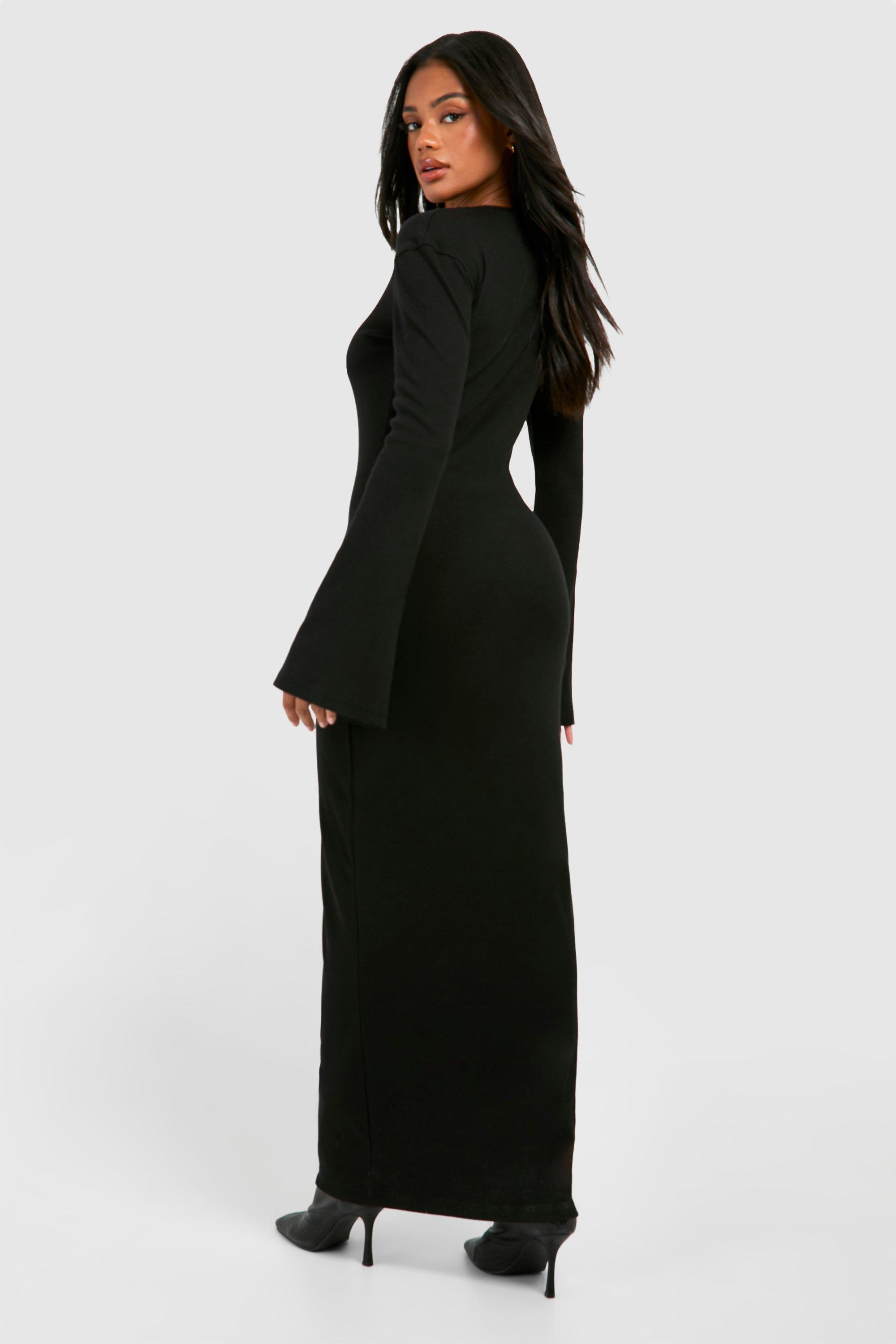 Flare Sleeve Rib Long Sleeve Maxi Dress