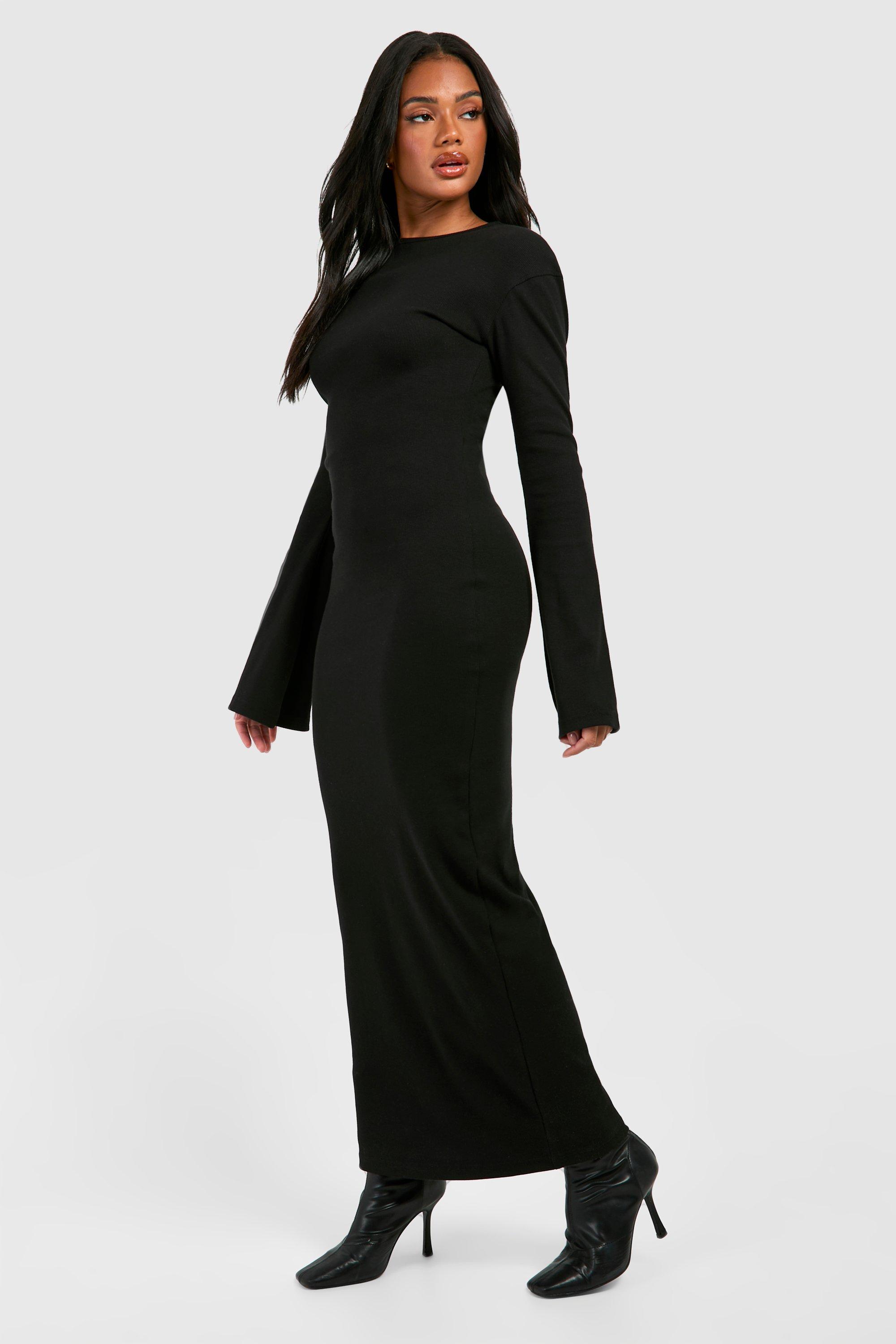 Women's Flare Sleeve Rib Long Sleeve Maxi Dress