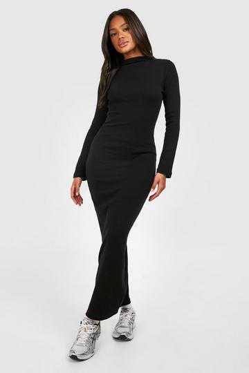 Funnel Neck Long Sleeve Rib Maxi Dress black