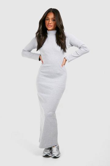 Funnel Neck Long Sleeve Rib Maxi Dress grey marl