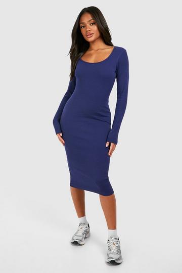 Scoop Neck Long Sleeve Rib Midi Dress navy