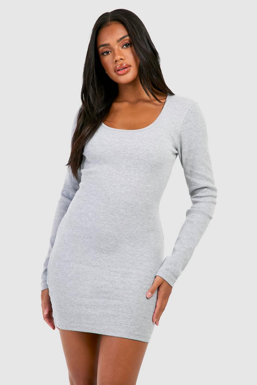 Vestido mini de canalé y manga larga con escote en U, Grey marl