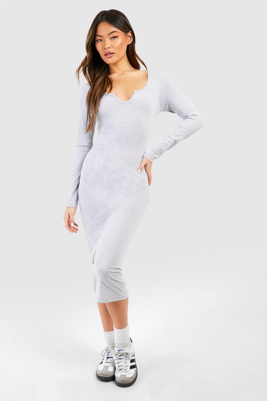 Grey marl Notch Neck Long Sleeve Jersey Knit Midi Dress image number 1