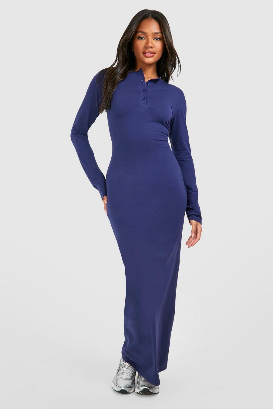 Navy Button Down Long Sleeve Jersey Maxi Dress image number 1