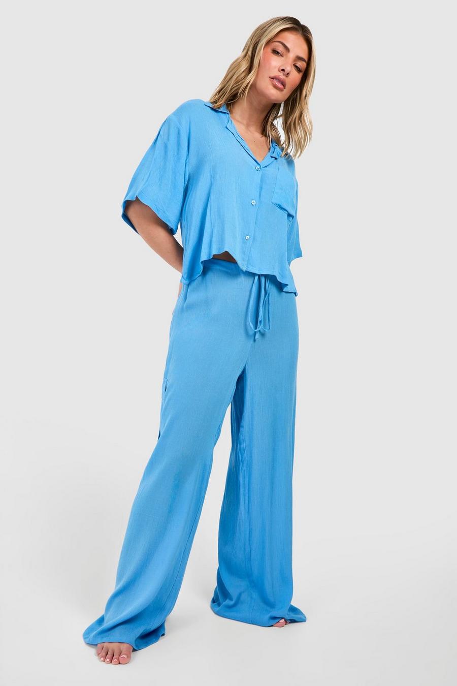 Blue Cheesecloth Cargo Beach Trousers image number 1