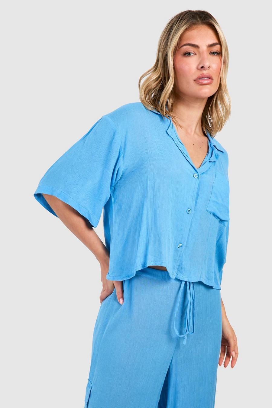 Blue Cheesecloth Cropped Beach Shirt image number 1