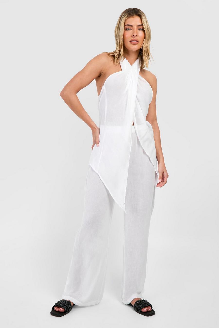 White Cheesecloth Cross Over Top & Pants Beach Two-Piece image number 1