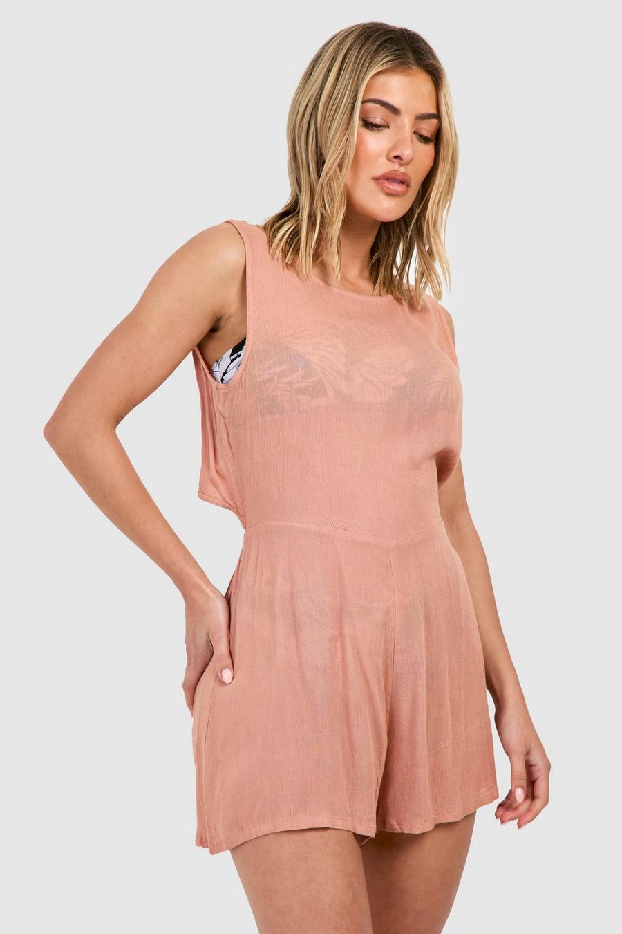 Tan Cheesecloth Tie Back Beach Playsuit