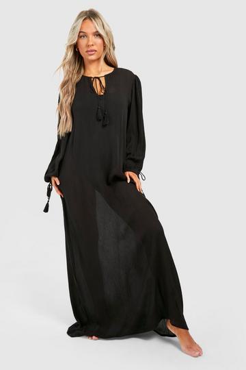 Black Cheesecloth Tassel Beach Maxi Kaftan Dress