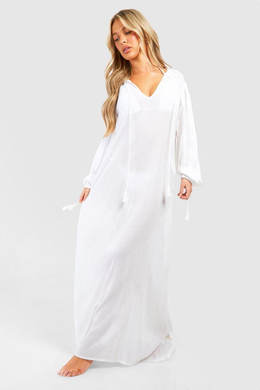 White Cheesecloth Tassel Beach Maxi Kaftan Dress image number 1