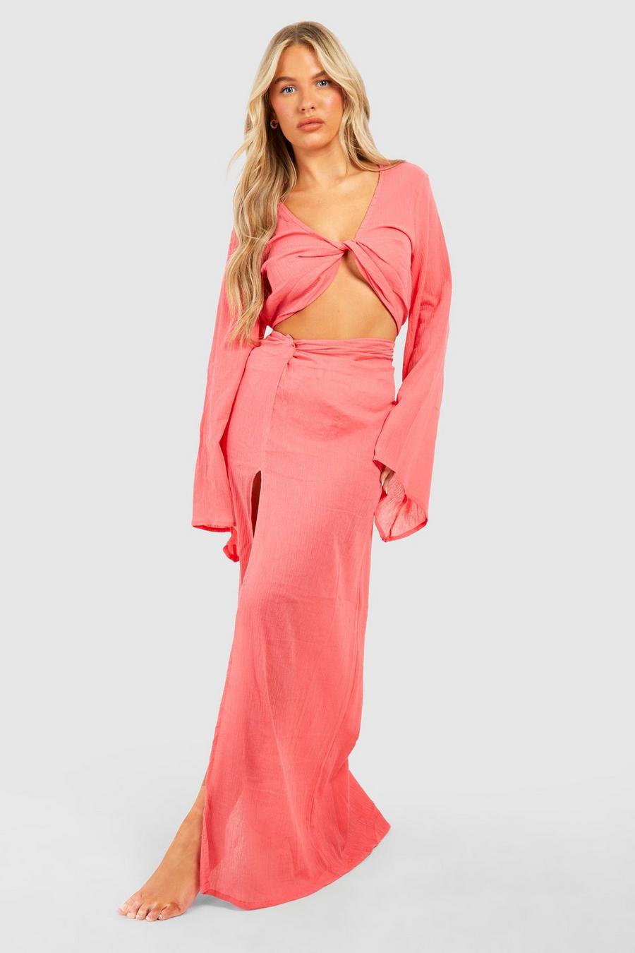 Coral pink Crinkle Twist Top & Maxi Skirt Beach Co-ord image number 1