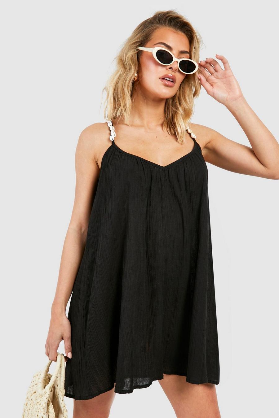 Black Crinkle Shell Straps Beach Mini Dress