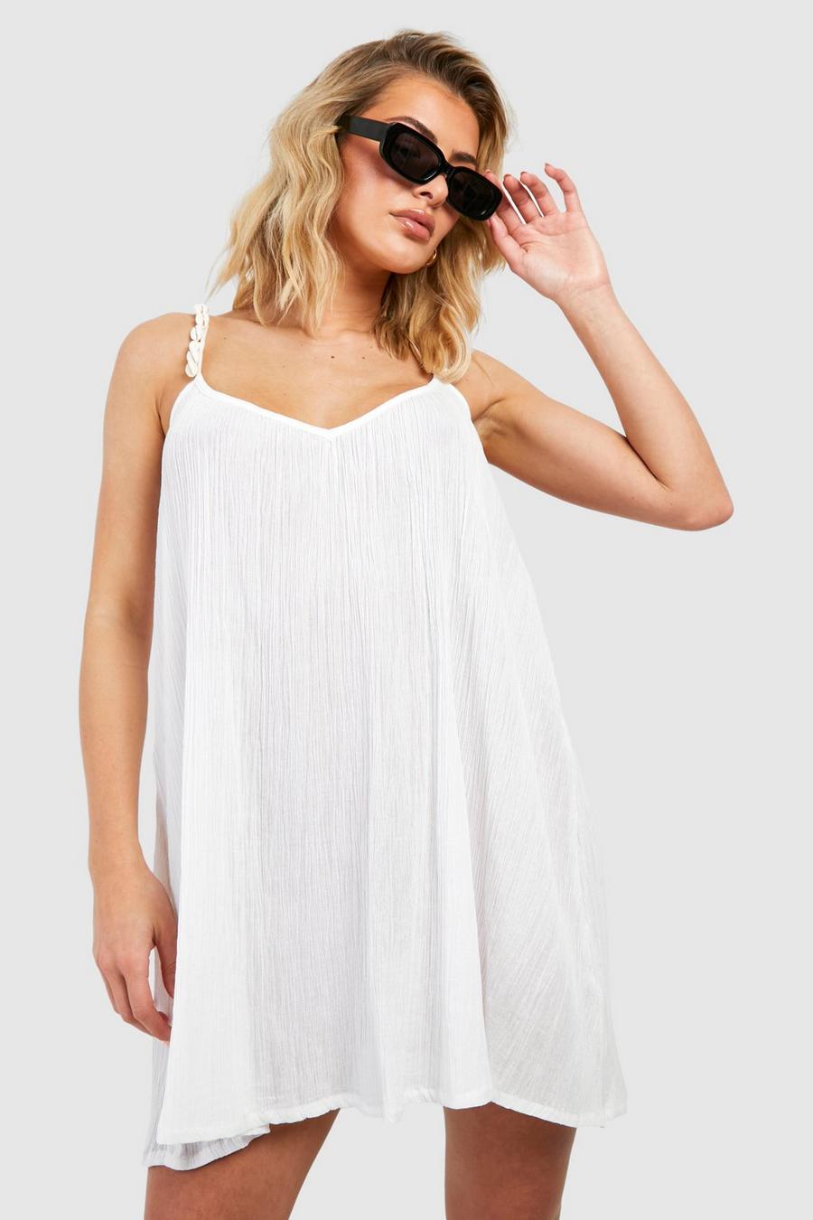 White Crinkle Shell Straps Beach Mini Dress image number 1
