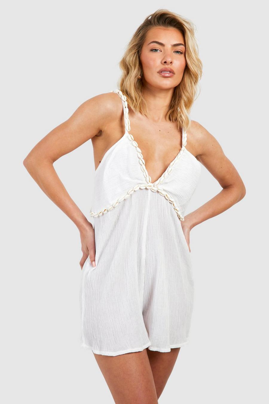 White Crinkle Shell Straps Beach Playsuit image number 1