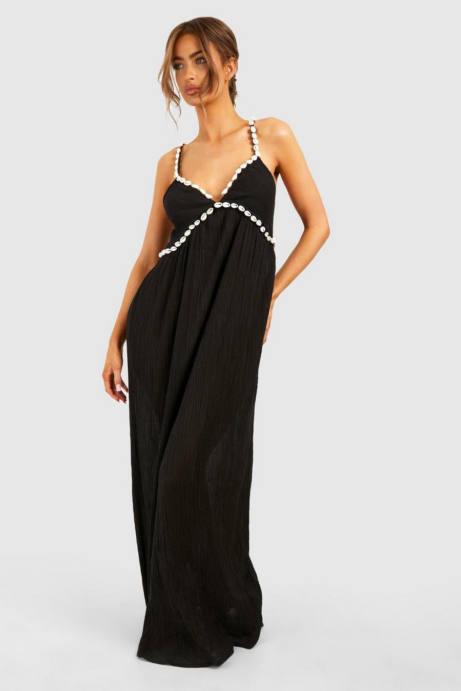 Black Crinkle Shell Straps Beach Maxi Dress image number 1