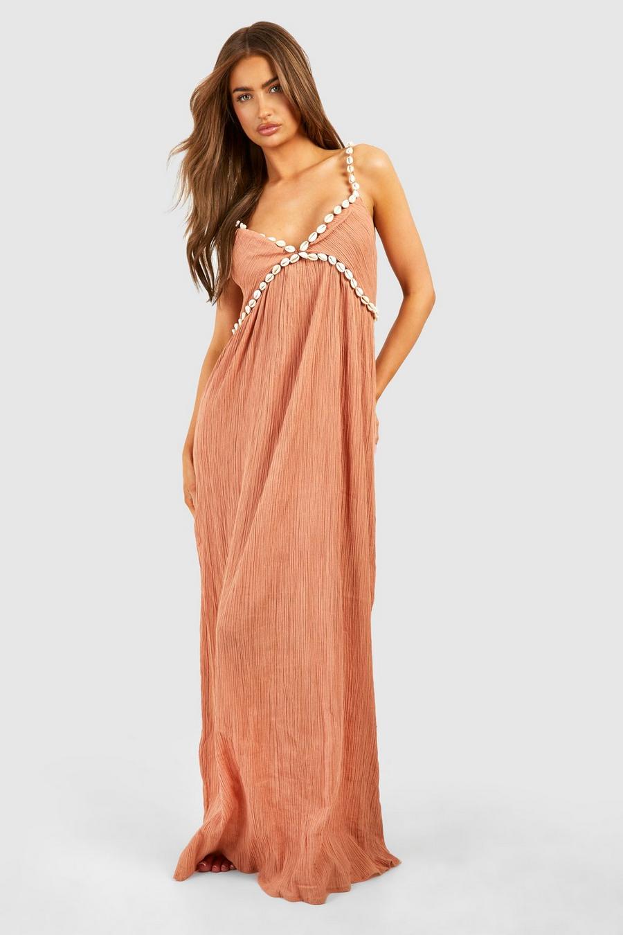 Tan Crinkle Shell Straps Beach Maxi Dress image number 1
