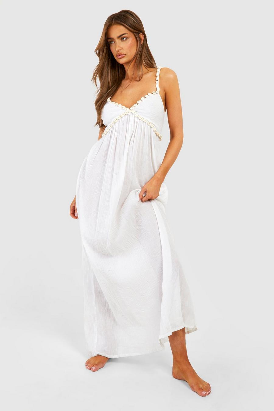 Vestido maxi para la playa de tela shell fruncido, White