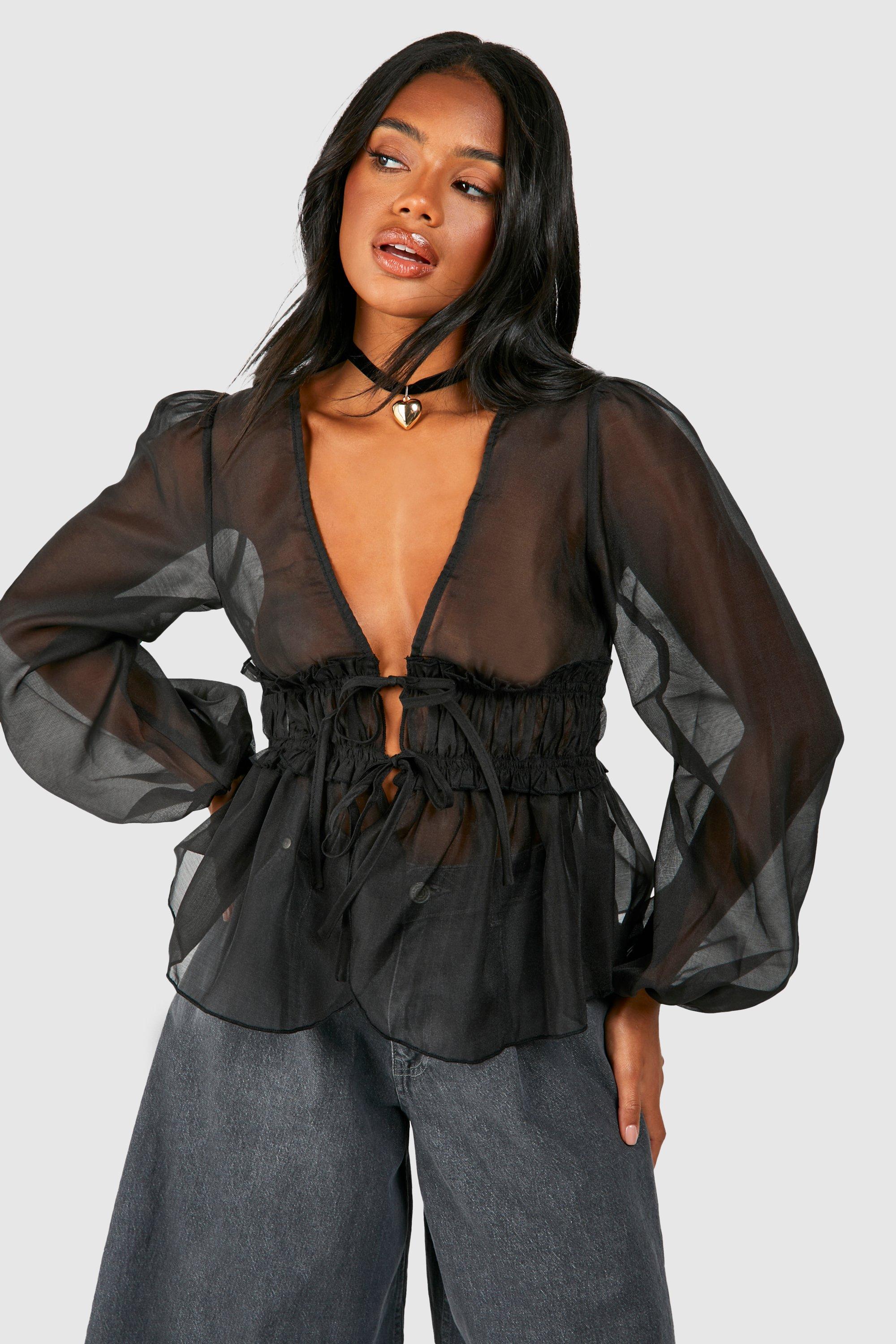 Black sheer store puff sleeve blouse